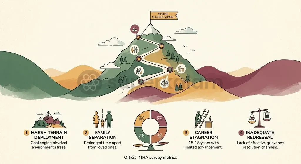 Prolonged operational deployment, family separation, and career stagnation drive significant attrition across central armed forces.