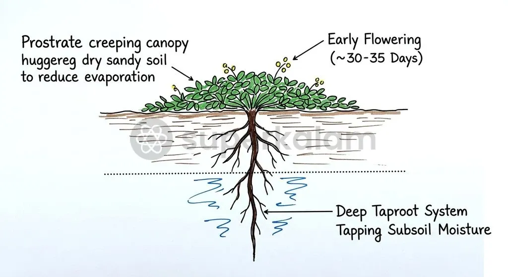 Developmental plasticity allows arid crops to dynamically adjust flowering times and root growth during moisture stress.