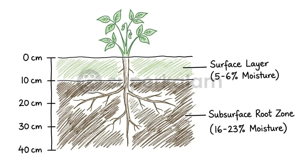 Subsurface soil layers retain crucial moisture to support root absorption even when surface soils experience extreme drying.