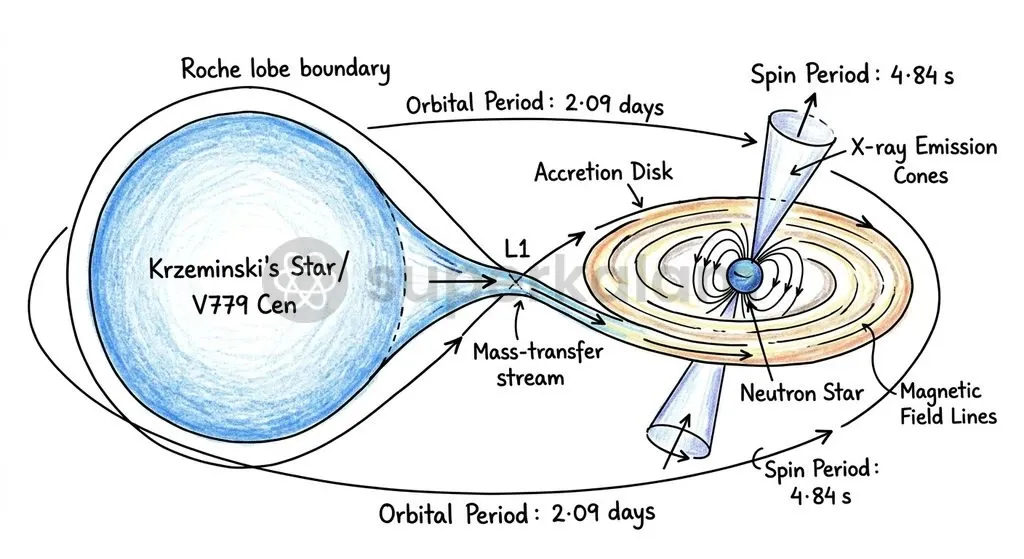 Centaurus X-3 orbits Krzeminski's star every 2.09 days while rotating on its spin axis every 4.84 seconds.