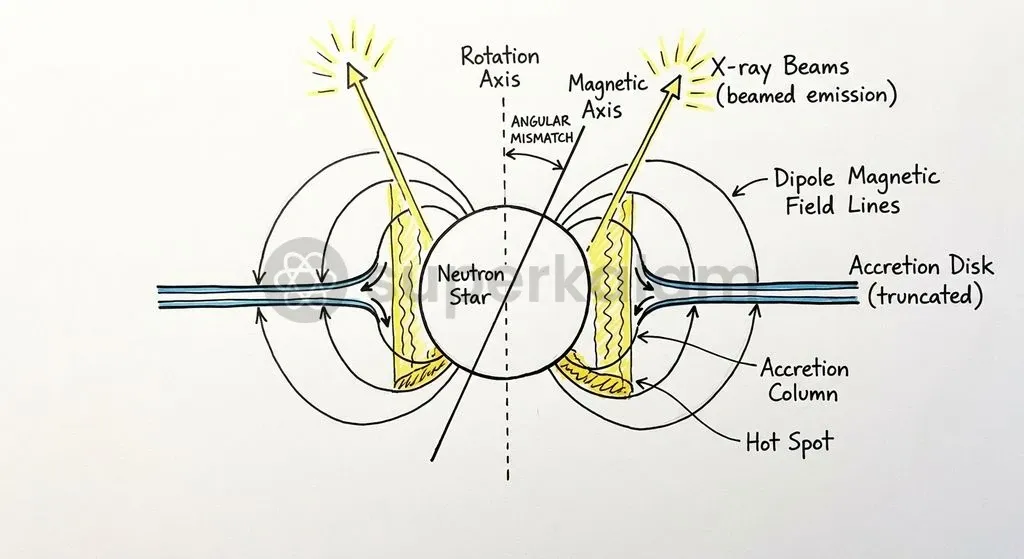 Intense magnetic fields channel disk plasma onto the magnetic poles, creating localized X-ray emitting columns and fluorescent iron transitions.