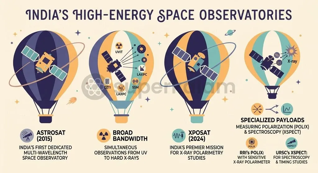 India's space science roadmap leverages AstroSat's multi-wavelength instruments and XPoSat's POLIX payload for advanced high-energy astrophysics.