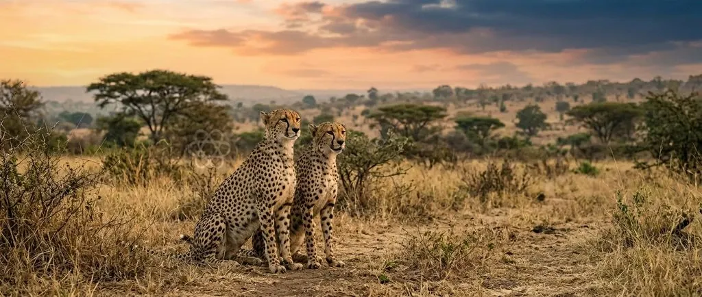 Two male cheetahs resting together on a savanna ridge in dry deciduous woodland
