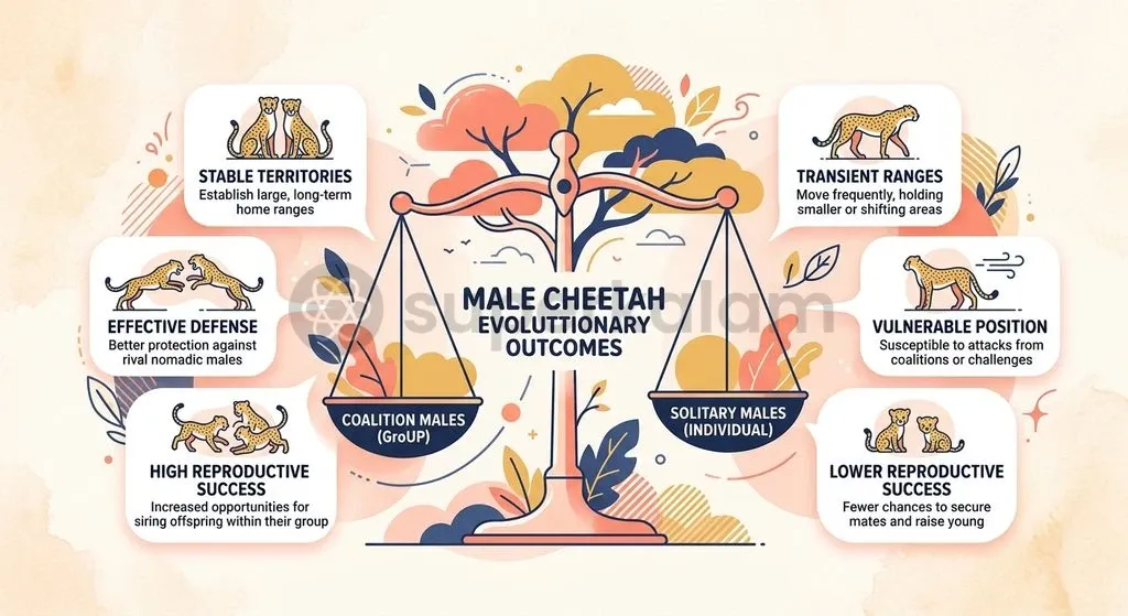 Male cheetah coalitions achieve greater territory retention, improved hunting success, and superior defence against competing carnivores.