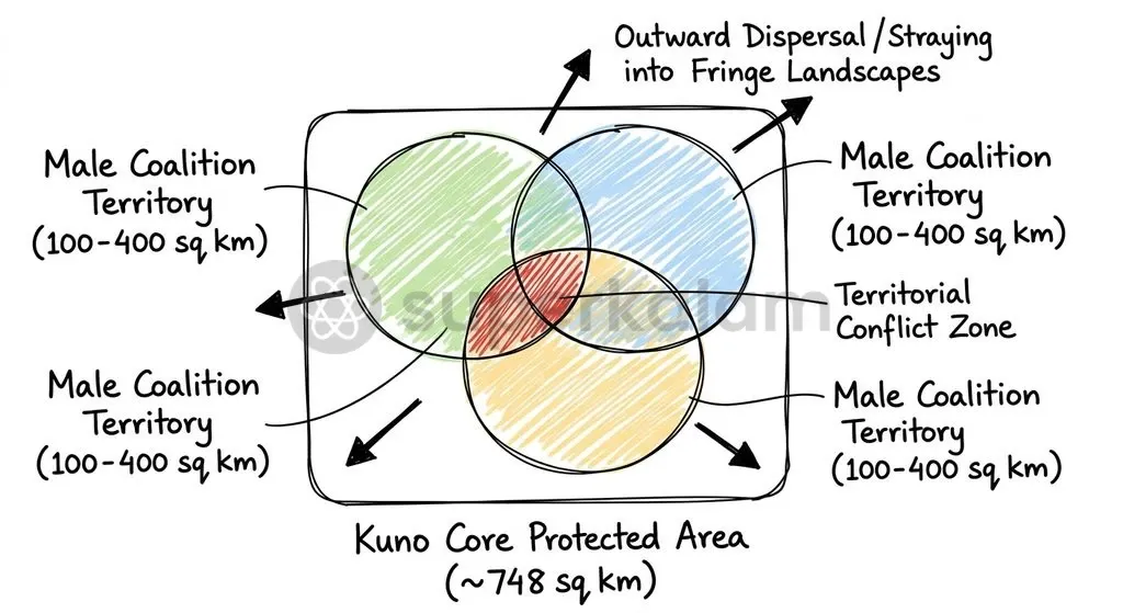 Large home-range requirements of 100 to 400+ square kilometres per coalition exceed the spatial limits of Kuno's core area.