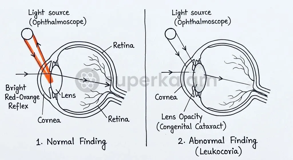 The Brückner test uses light reflection from the retina to differentiate healthy transparent ocular media from abnormal pupillary opacities.