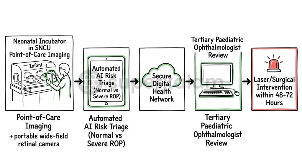 Tele-medicine networks combined with offline AI algorithms enable timely Retinopathy of Prematurity triage in rural neonatal units.