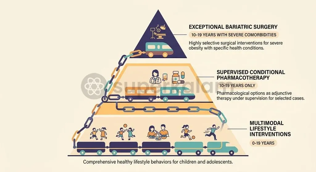 The WHO 2026 clinical guidelines establish lifestyle modification as the foundational intervention while strictly limiting drug therapy and bariatric surgery in minors.