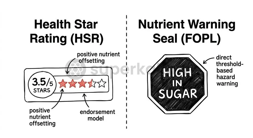 Health star ratings allow positive nutrients to offset unhealthy ingredients, whereas interpretive warning labels provide unmistakable signals of high sugar, salt, and fat.