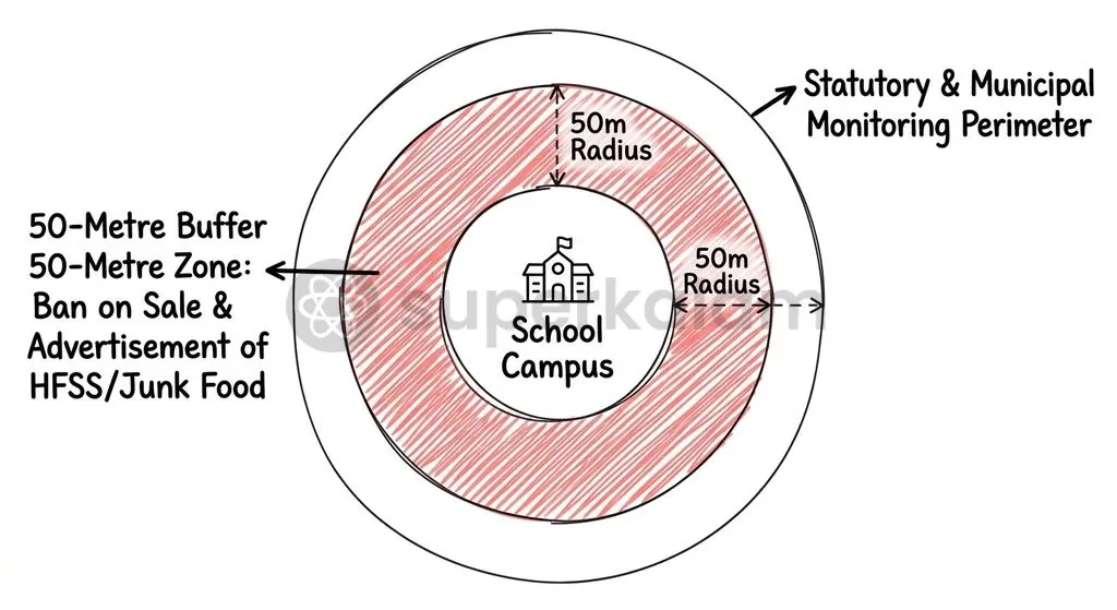 Statutory boundaries and advertising curbs work together to prevent ultra-processed foods from penetrating school environments.