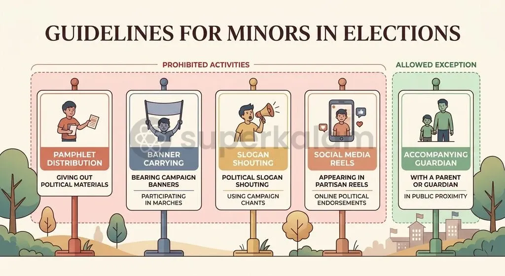 The Election Commission of India strictly bans political parties from drafting minors into active canvassing, sloganeering, and rally logistics.