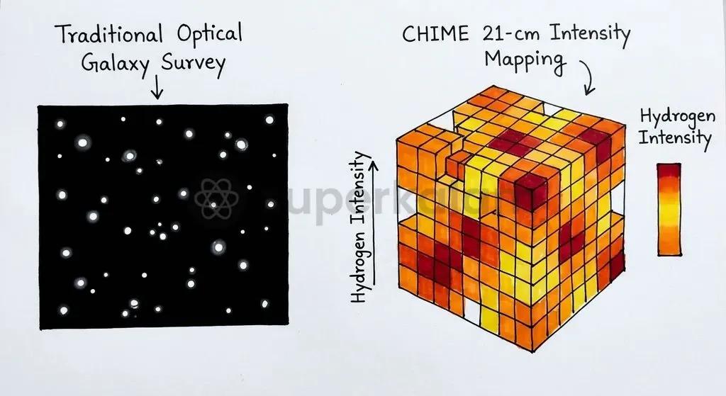 Standalone 21-cm intensity mapping captures diffuse neutral hydrogen directly across large cosmic volumes without optical galaxy bias.