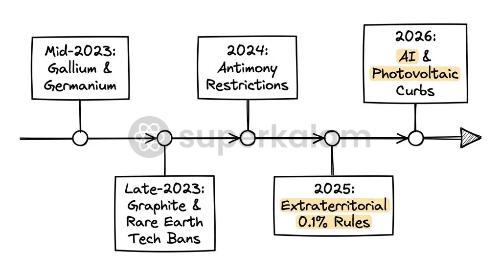 China's progressive regulatory timeline illustrates a phased expansion from raw elements to processing technologies.
