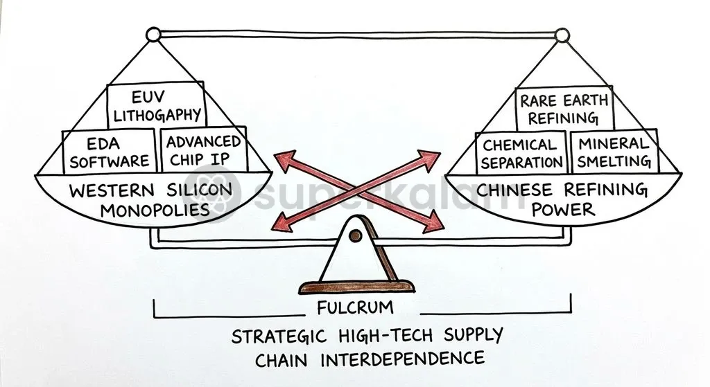 The asymmetric tech war balances Western lithography tools against China's midstream chemical refining dominance.