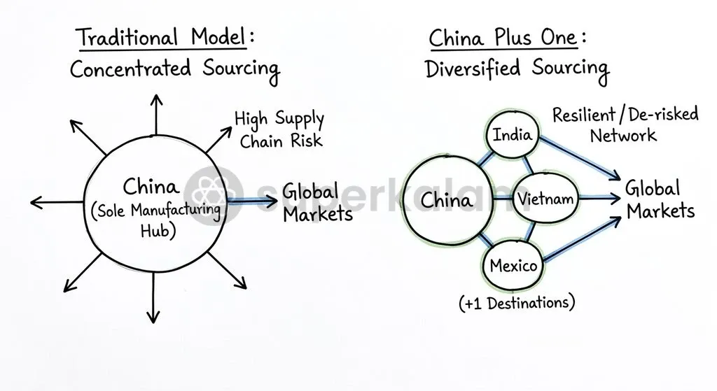 The China Plus One framework diversifies corporate manufacturing footprints to build operational resilience against geopolitical and supply chain shocks.