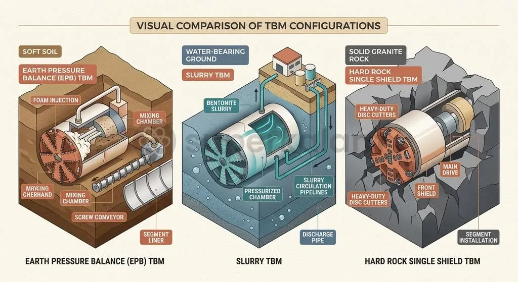 Different geological strata demand specialised TBM variants, ranging from soft-ground earth pressure balance machines to slurry and hard-rock shields.