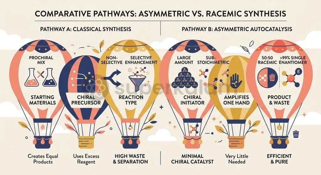 Asymmetric amplification eliminates the 50% chemical intermediate loss inherent in traditional racemic resolution processes.