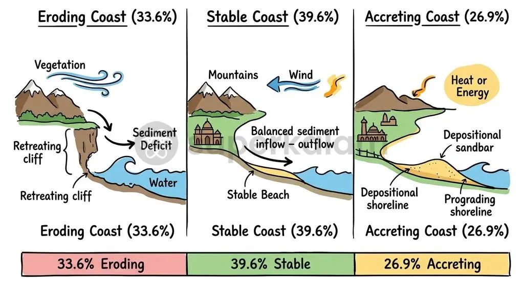 National Centre for Coastal Research classification divides India's mainland coast into eroding, accreting, and stable categories.