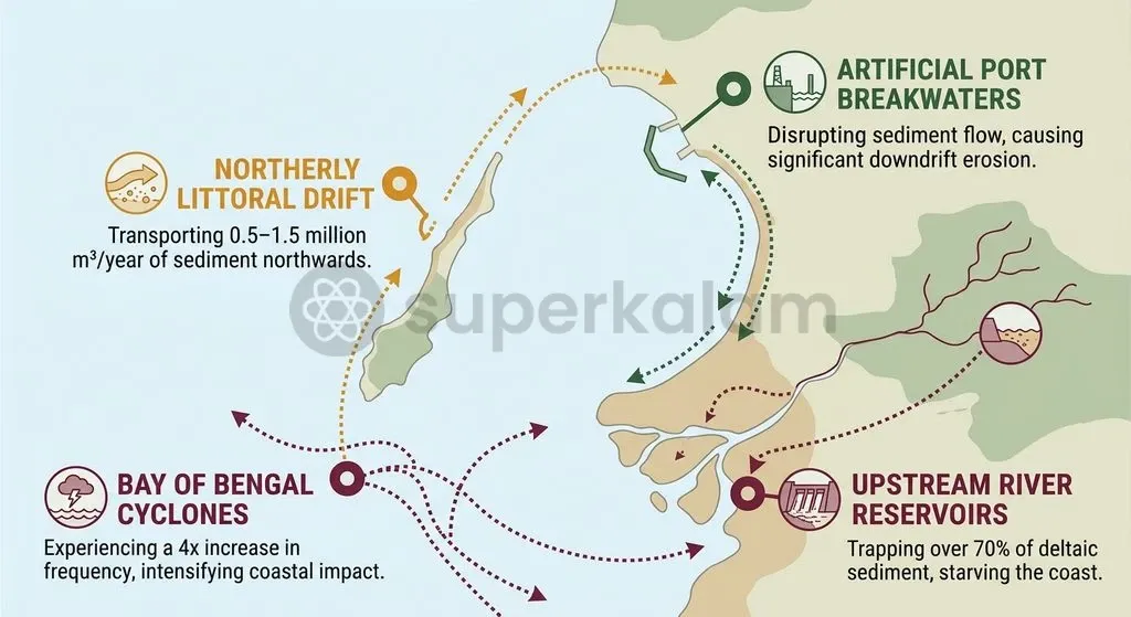 The convergence of meteorological intensity, high littoral drift, port structures, and upstream river damming drives acute shoreline retreat on the East Coast.