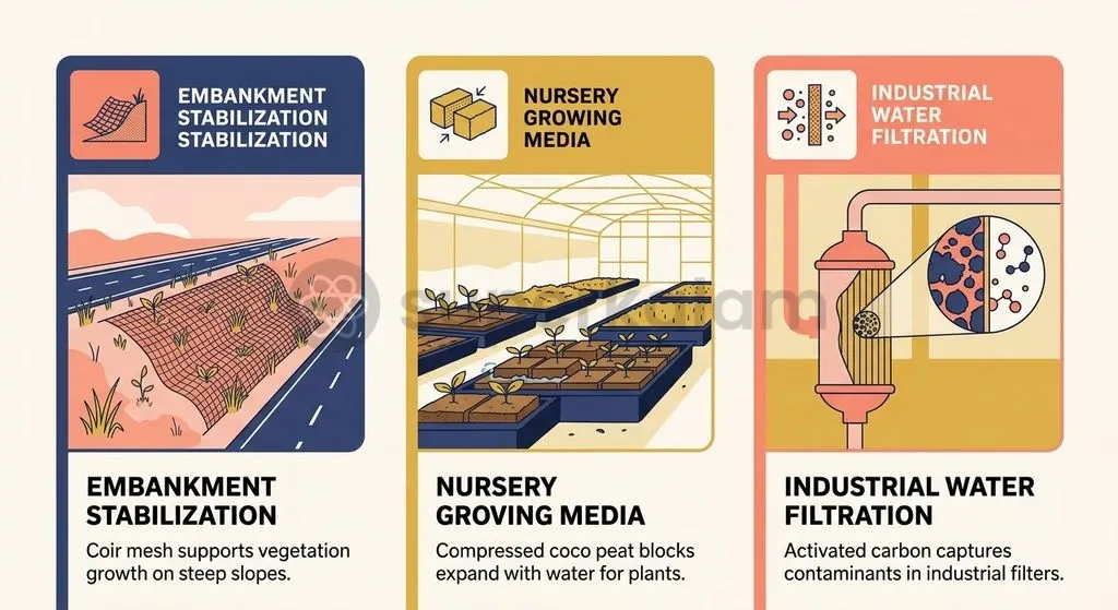 From soil bio-engineering to industrial water filtration, coconut by-products replace synthetic, carbon-intensive materials.