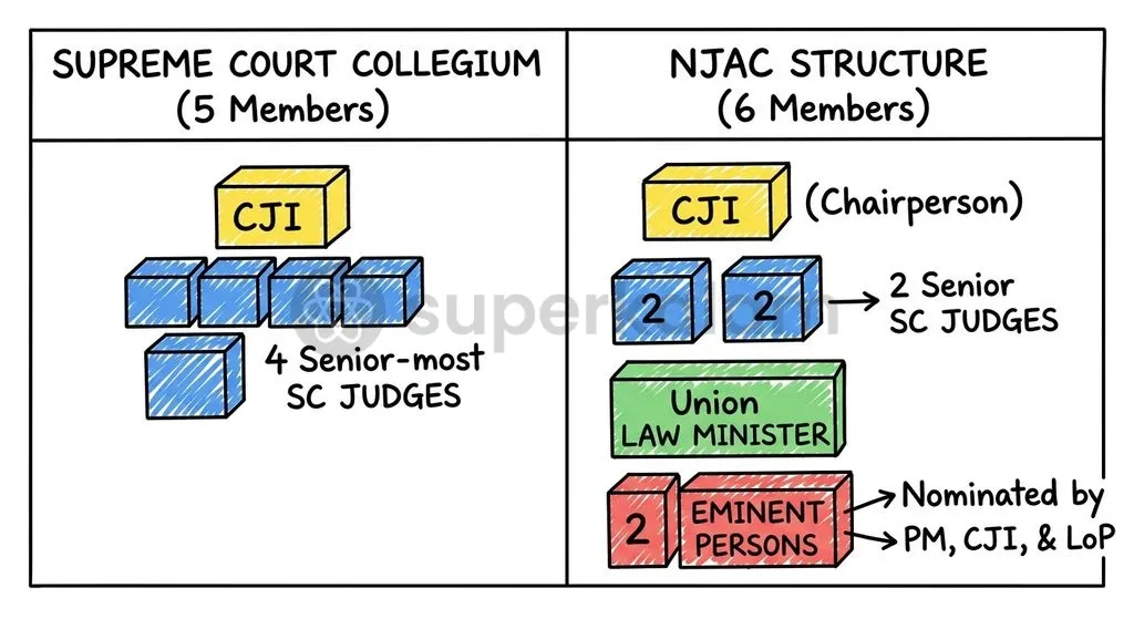 Comparing the composition and decision-making mechanics of the proposed NJAC with the operational Supreme Court Collegium.
