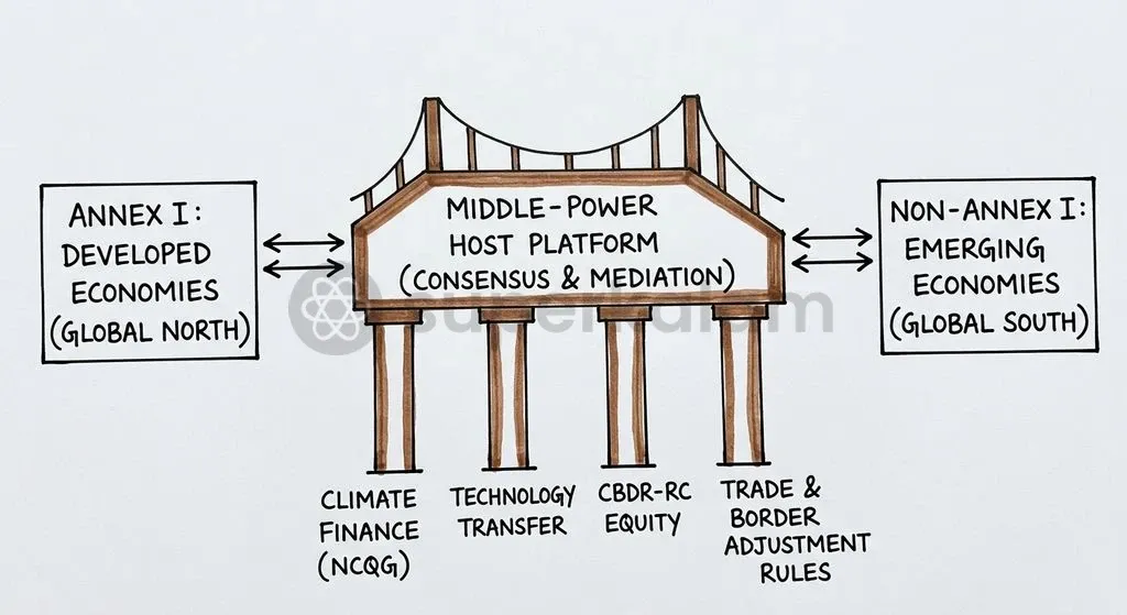 Middle-power diplomacy creates structured communication bridges across historically polarized climate negotiating blocs.