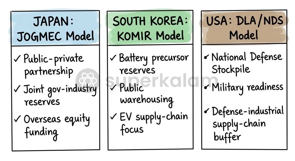 International strategic stockpiling models rely on dedicated statutory institutions to manage emergency reserves and buffer industrial production.