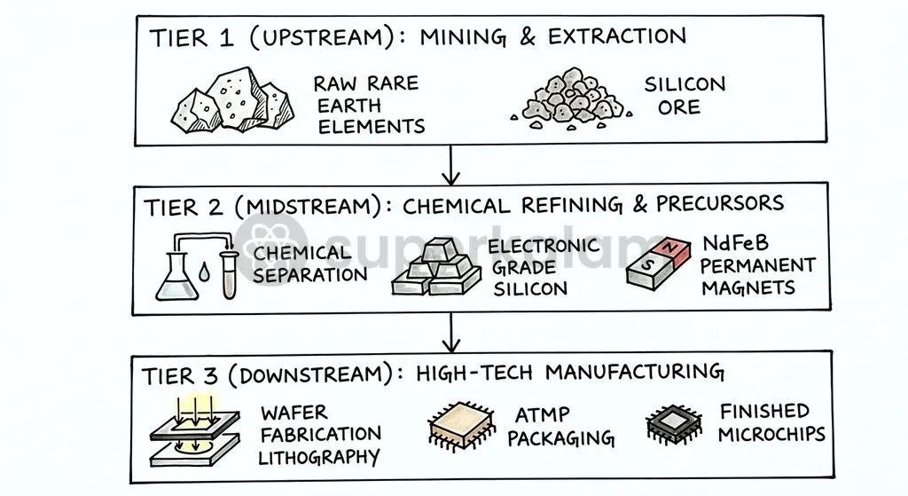 The critical technology value chain relies on an unbroken sequence spanning extraction, midstream processing, and precision fabrication.