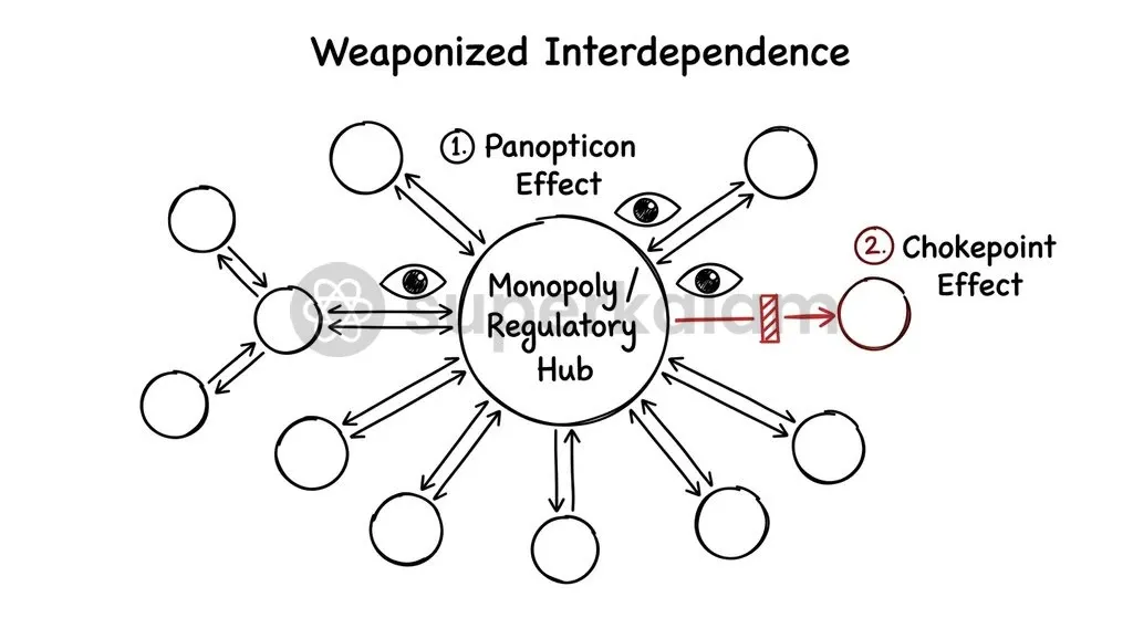 Asymmetric network structures allow hub-dominating states to enforce economic blockades and monitor vital technological flows.