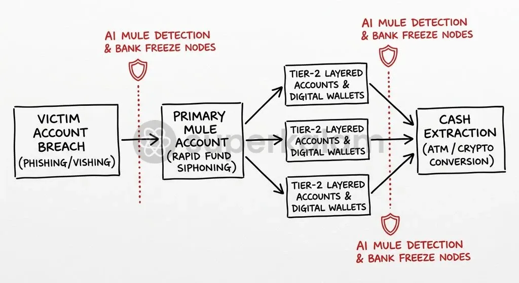 Mule account syndicates rapidly layer illicit transfers across digital wallets and ATMs to evade traditional banking security perimeters.