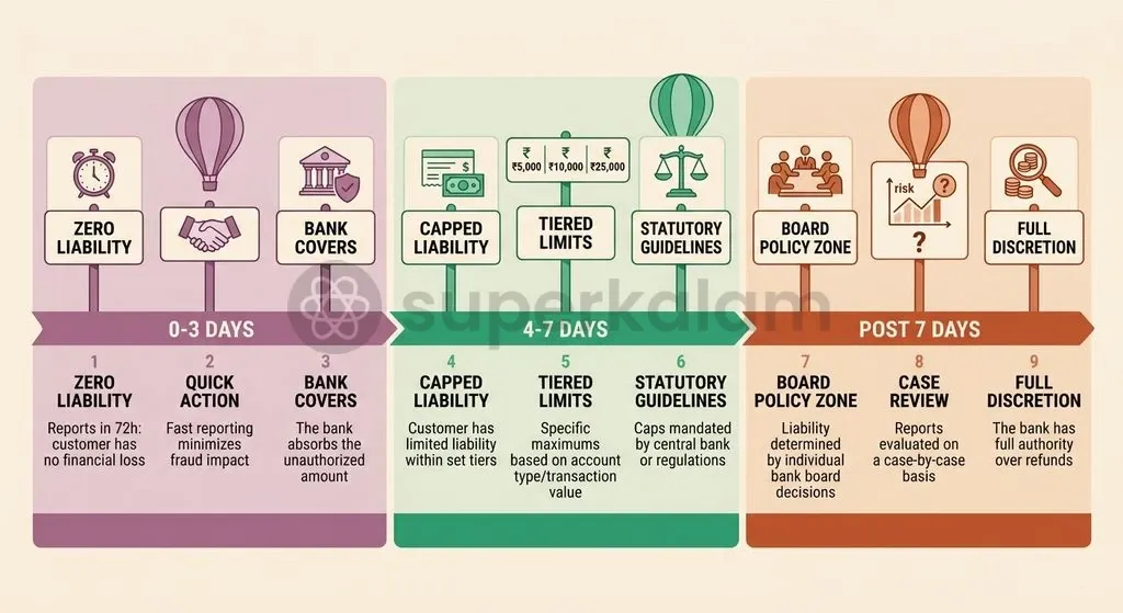 The RBI liability framework establishes clear tiers ranging from zero liability within three days to capped liability up to seven days.