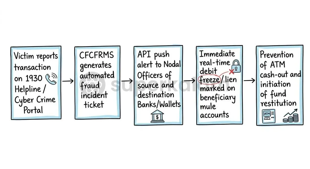 The 1930 CFCFRMS platform connects police, banks, and payment gateways to place immediate real-time liens on fraudulent funds.