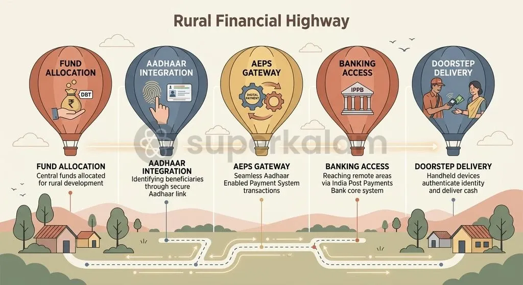 Doorstep banking infrastructure connects unbanked rural citizens to central welfare disbursements.