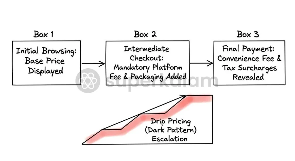 Drip pricing conceals mandatory operational fees until terminal checkout stages, violating transparency guidelines.