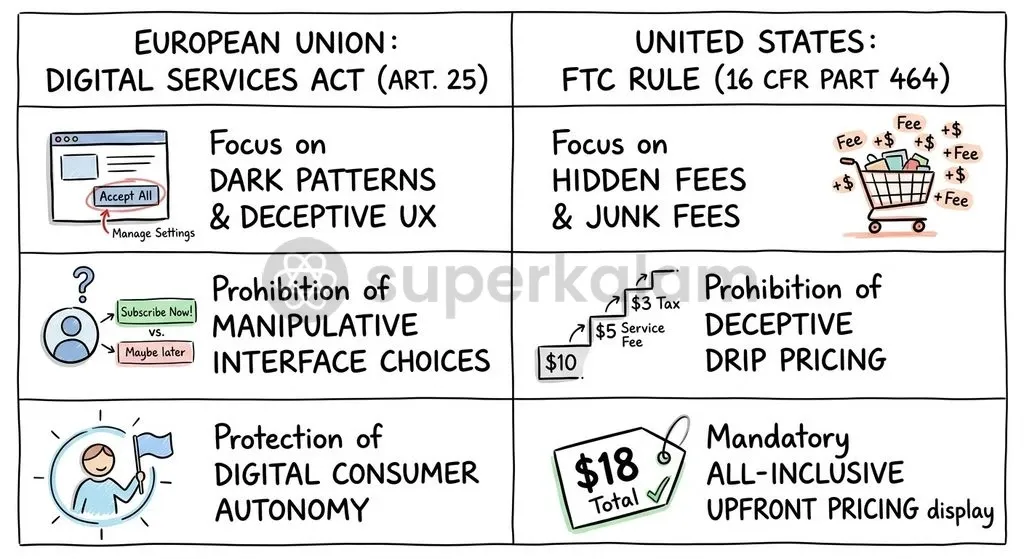Comparative regulatory frameworks in the EU and US target interface manipulation and hidden fees.