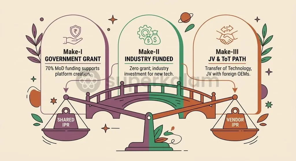 Make-I, Make-II, and Make-III routes distribute developmental funding, technical risk, and intellectual property across distinct pathways.