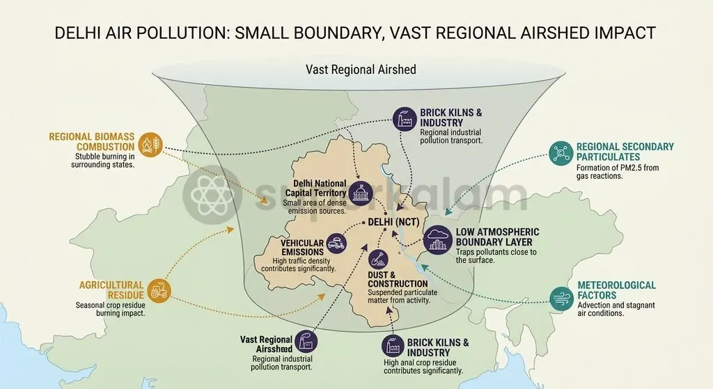 While local sensors police point emissions within the National Capital Territory, trans-boundary pollutants enter via regional wind vectors during winter inversions.
