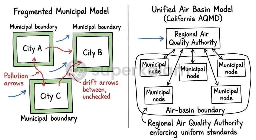 Airshed governance models group multiple municipalities under unified air basins to align regulatory authority with natural atmospheric boundaries.