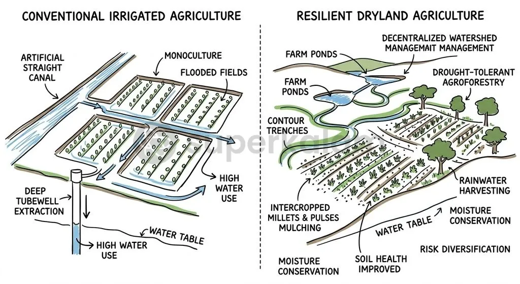 Contrasting resource flows between high-input irrigated agricultural systems and diversified rainfed dryland agro-ecosystems.