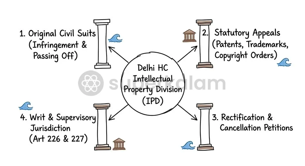 The IPD exercises consolidated jurisdiction across statutory appeals, original infringement suits, and commercial writ petitions.