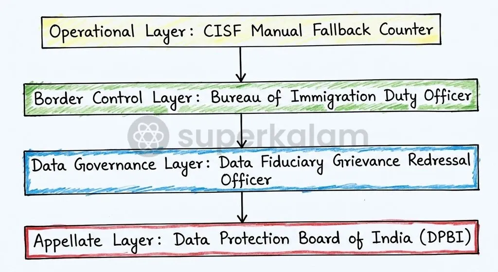 Clear escalation pathways link airport manual fallback lanes with statutory redressal under the DPDP Act and the Bureau of Immigration.