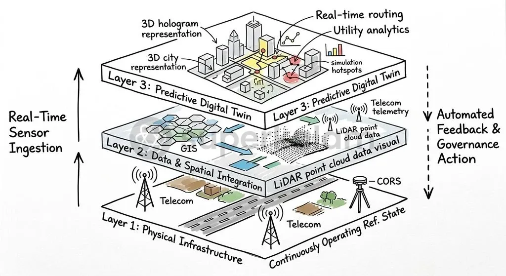 Project Sangam combines multi-layer urban sensor feeds, telecom signals, and geospatial basemaps into an integrated predictive platform.