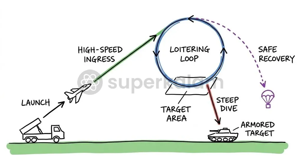 The operational profile of a loitering munition integrates persistent surveillance with precision kinetic strike capabilities.