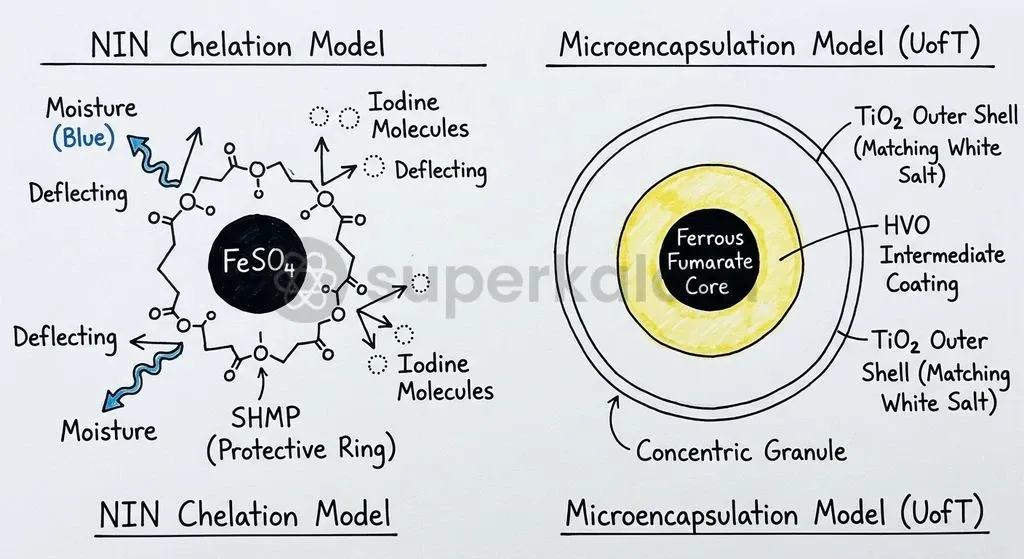 Overcoming iodine sublimation and iron oxidation requires advanced biochemical stabilisation through either chemical chelation or physical barrier microencapsulation.