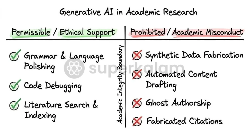 Regulatory frameworks draw a clear line between permissible language refinement and prohibited automated manuscript drafting.