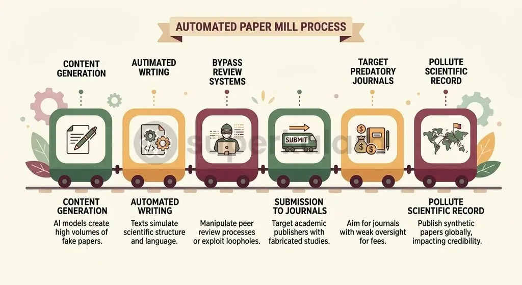 Automated paper mills exploit algorithmic language models to flood academic repositories with fabricated research papers.