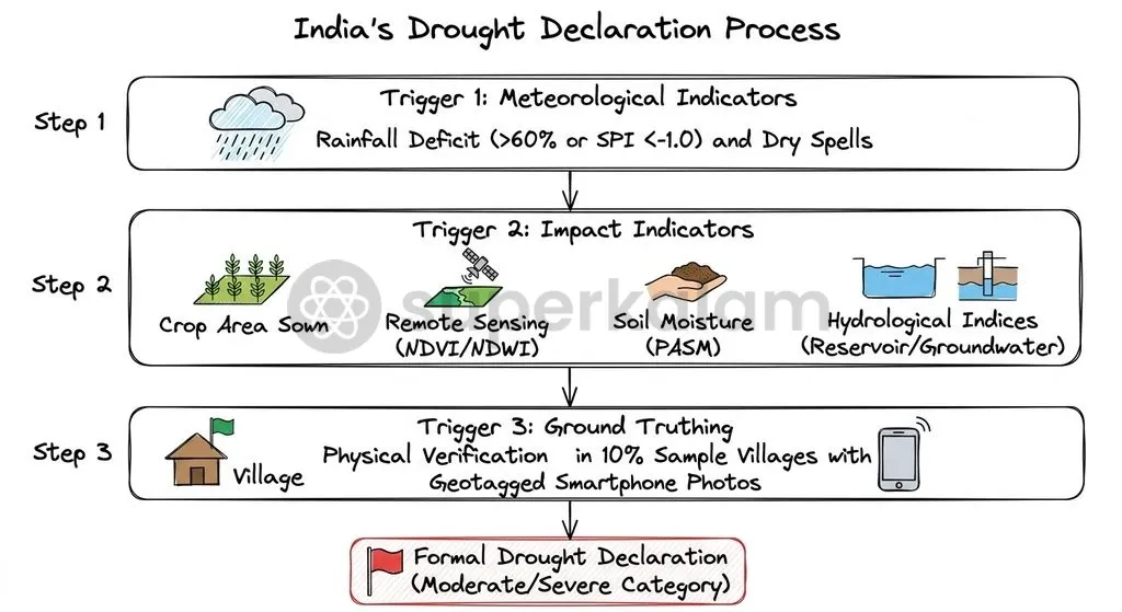 The Manual for Drought Management establishes a multi-layered verification matrix to validate disaster intensity.