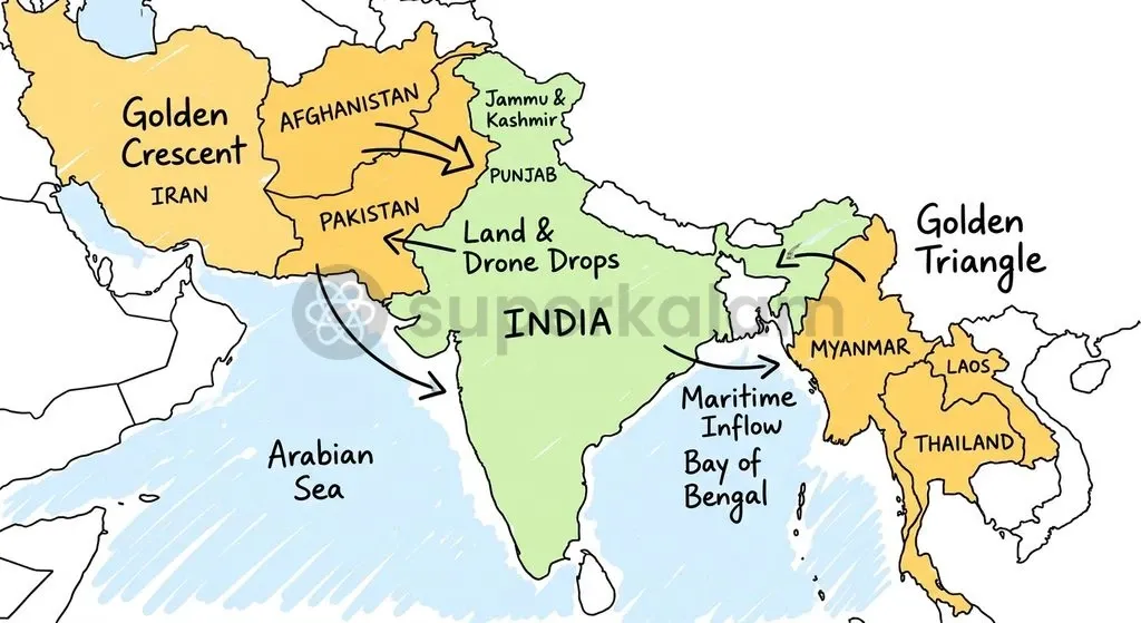 India sits sandwiched between the Golden Crescent to the west and the Golden Triangle to the east.
