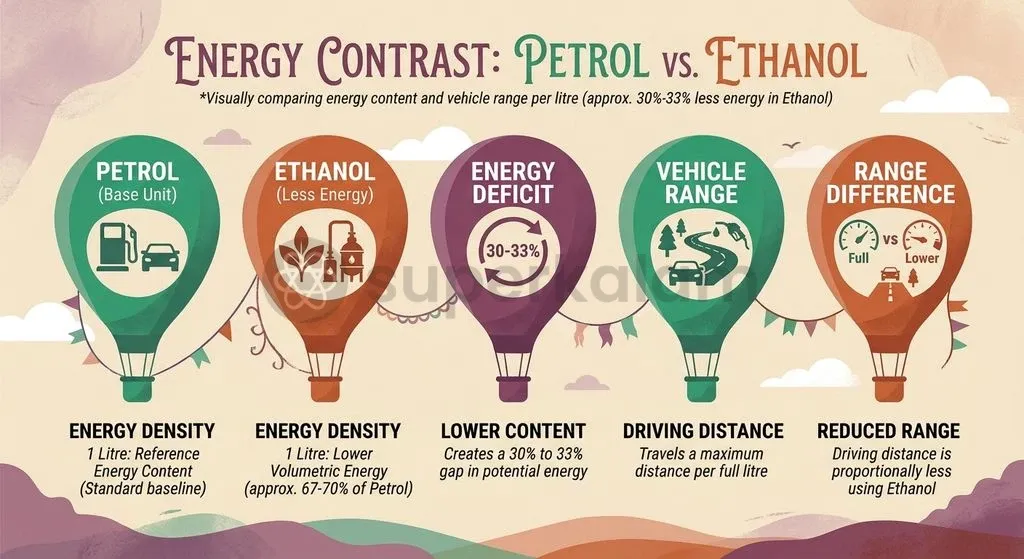 Ethanol's lower volumetric energy density means vehicles cover less distance per litre than on petrol.