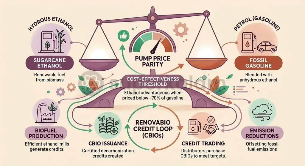 Brazil's dual-fuel retail network relies on the 70% parity rule to sustain consumer adoption of hydrous ethanol over petrol.